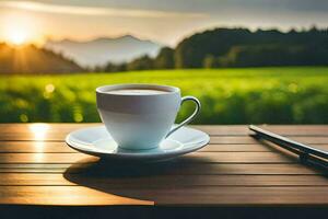 uma copo do café em uma de madeira mesa dentro a manhã. gerado por IA foto