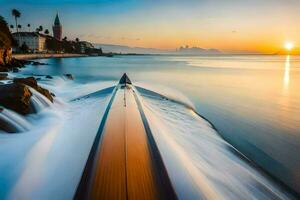 uma barco é viajando através a água às pôr do sol. gerado por IA foto