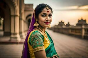 uma mulher dentro tradicional indiano vestuário poses para uma retrato. gerado por IA foto