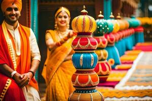 uma casal dentro tradicional indiano vestuário em pé Próximo para colorida decorações. gerado por IA foto