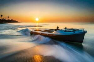 uma barco dentro a oceano às pôr do sol. gerado por IA foto