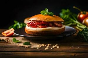 uma sanduíche com tomates e queijo em uma placa. gerado por IA foto