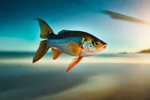 uma peixe é vôo sobre a oceano às pôr do sol. gerado por IA foto