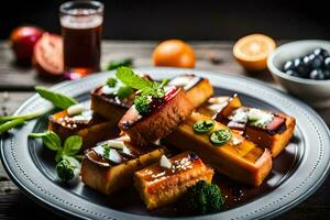 uma prato do Comida com legumes e fruta. gerado por IA foto