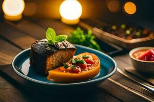 uma peça do carne em uma prato com uma tomate e uma garfo. gerado por IA foto