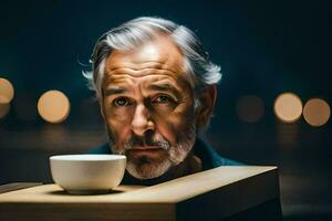 uma homem com cinzento cabelo e barba sentado dentro frente do uma café copo. gerado por IA foto