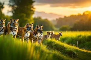 uma grupo do tigres caminhando dentro a grama. gerado por IA foto