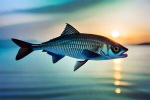 uma peixe é vôo sobre a água às pôr do sol. gerado por IA foto