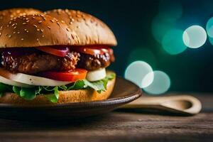 uma Hamburger com tomates e alface em uma de madeira placa. gerado por IA foto