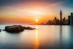 a Sol conjuntos sobre a cidade Horizonte dentro dubai. gerado por IA foto