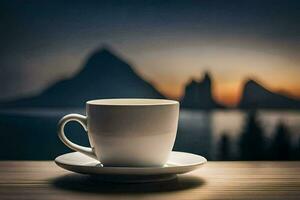 café copo em uma mesa com montanhas dentro a fundo. gerado por IA foto