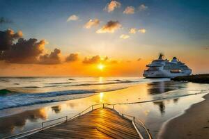 a cruzeiro navio é ancorado às a de praia às pôr do sol. gerado por IA foto