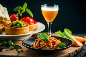 espaguete com tomate molho e pão em uma de madeira mesa. gerado por IA foto