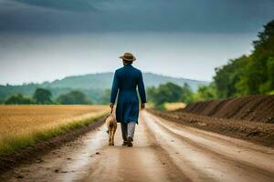 uma homem dentro uma azul terno e chapéu caminhando dele cachorro baixa uma sujeira estrada. gerado por IA foto