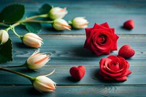 rosas e corações em uma de madeira mesa. gerado por IA foto