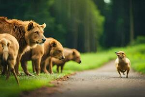 uma grupo do animais estão caminhando em uma estrada. gerado por IA foto