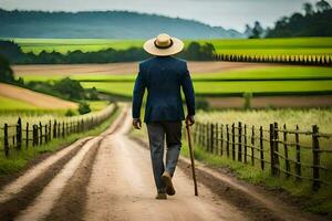 uma homem dentro uma terno e chapéu caminhando baixa uma sujeira estrada. gerado por IA foto