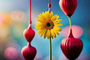 amarelo flor suspensão a partir de vermelho balões. gerado por IA foto