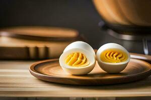 dois Difícil fervido ovos em uma de madeira placa. gerado por IA foto