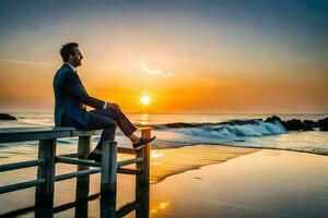 uma homem dentro uma terno senta em uma doca às pôr do sol. gerado por IA foto