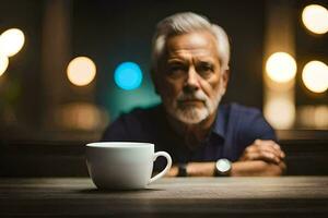 a Mais velho homem sentado às uma mesa com uma copo do café. gerado por IA foto