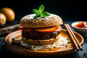 uma Hamburger com Macarrão e tomates em uma de madeira placa. gerado por IA foto