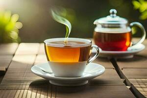 uma copo do chá com uma chaleira em uma de madeira mesa. gerado por IA foto