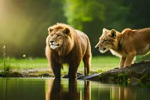 dois leões em pé Próximo para uma lagoa dentro a floresta. gerado por IA foto