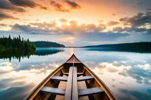 uma canoa é flutuando em uma calma lago às pôr do sol. gerado por IA foto