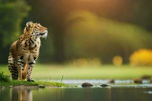 uma tigre em pé em a Beira do uma lago. gerado por IA foto