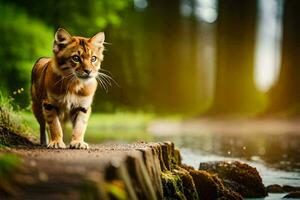 uma gato caminhando ao longo uma de madeira ponte dentro a madeiras. gerado por IA foto