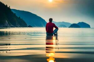 uma homem sentado em a Beira do a água às pôr do sol. gerado por IA foto