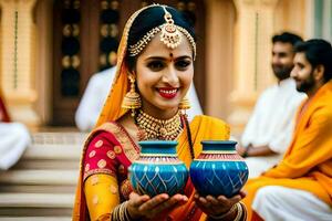 uma mulher dentro tradicional indiano vestuário segurando dois potes. gerado por IA foto