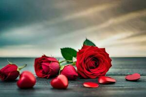 vermelho rosas e corações em uma de madeira mesa. gerado por IA foto