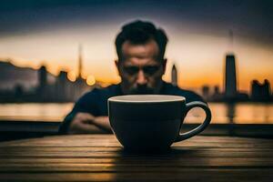 homem sentado às mesa com café copo dentro frente do cidade Horizonte. gerado por IA foto