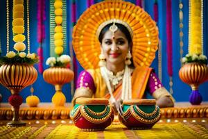 uma mulher dentro tradicional indiano vestuário senta dentro frente do dois potes. gerado por IA foto