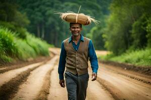 uma homem caminhando baixa uma sujeira estrada carregando uma cesta em dele cabeça. gerado por IA foto