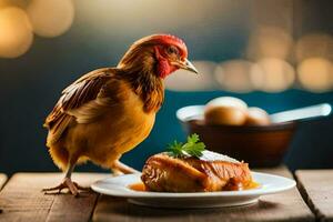 uma frango é em pé em uma prato com uma peça do eu no. gerado por IA foto
