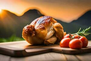 uma frango em uma corte borda com tomates e ervas. gerado por IA foto