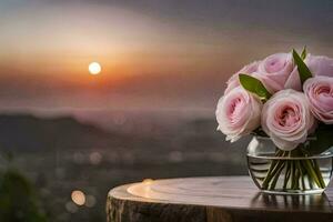 Rosa rosas dentro uma vaso em uma mesa com uma pôr do sol dentro a fundo. gerado por IA foto