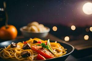 espaguete com cogumelos e tomates dentro uma tigela. gerado por IA foto