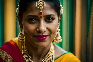 uma mulher dentro tradicional indiano traje. gerado por IA foto