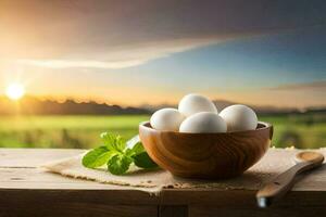 ovos dentro uma tigela em uma mesa com uma de madeira colher e uma campo dentro a fundo. gerado por IA foto