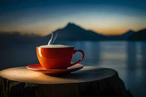 uma copo do café em uma toco com uma montanha dentro a fundo. gerado por IA foto