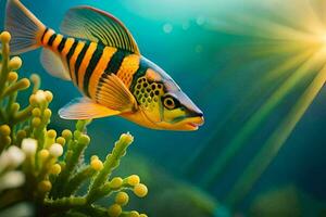 uma peixe natação dentro a oceano com brilhante luz solar. gerado por IA foto