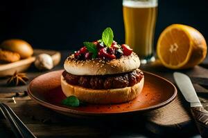 uma Hamburger com uma romã e uma vidro do cerveja. gerado por IA foto