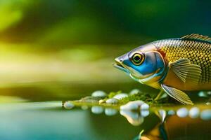 uma peixe é sentado em a água com alguns musgo. gerado por IA foto