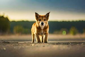 uma pequeno cachorro em pé em uma sujeira estrada. gerado por IA foto