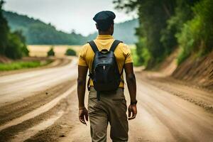 uma homem caminhando baixa uma sujeira estrada com uma mochila. gerado por IA foto