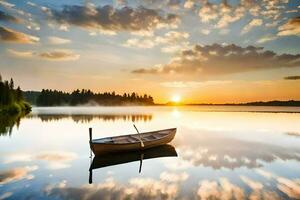 uma barco é flutuando em uma calma lago às pôr do sol. gerado por IA foto